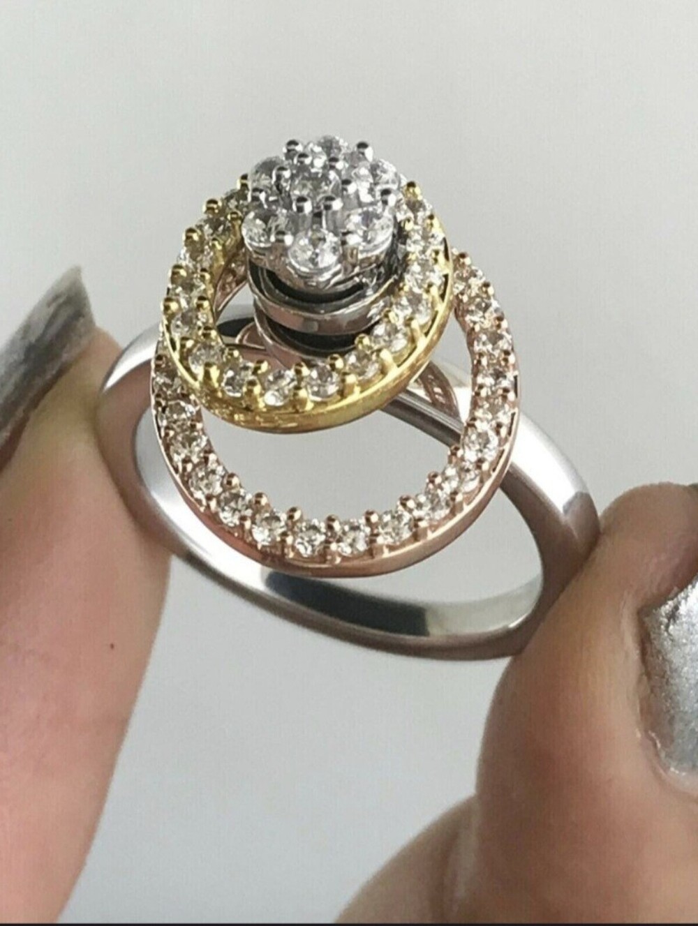 Tricolor Halo SPIN Crystal Ring - Gold, Rose, Silver